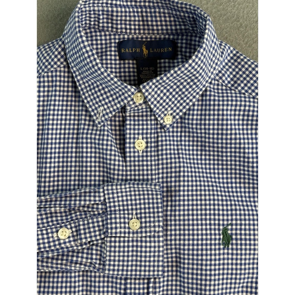 Ralph Lauren Shirt Boys L 14-16 Blue Gingham Long Sleeve Button Down Cotton
